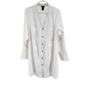 Lane Bryant white silver metallic v-neck button front Tunic Top 22/24 pin tuck